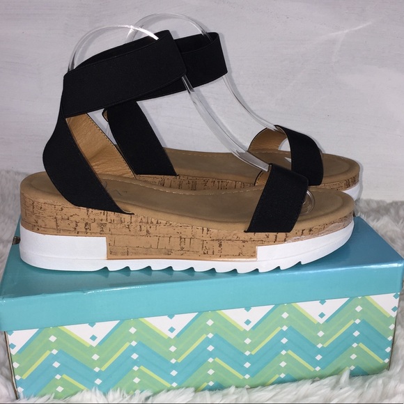 NIB Black Wedge Platform Sandals Stacked Cork Look Elastic Anna - Picture 2 of 14